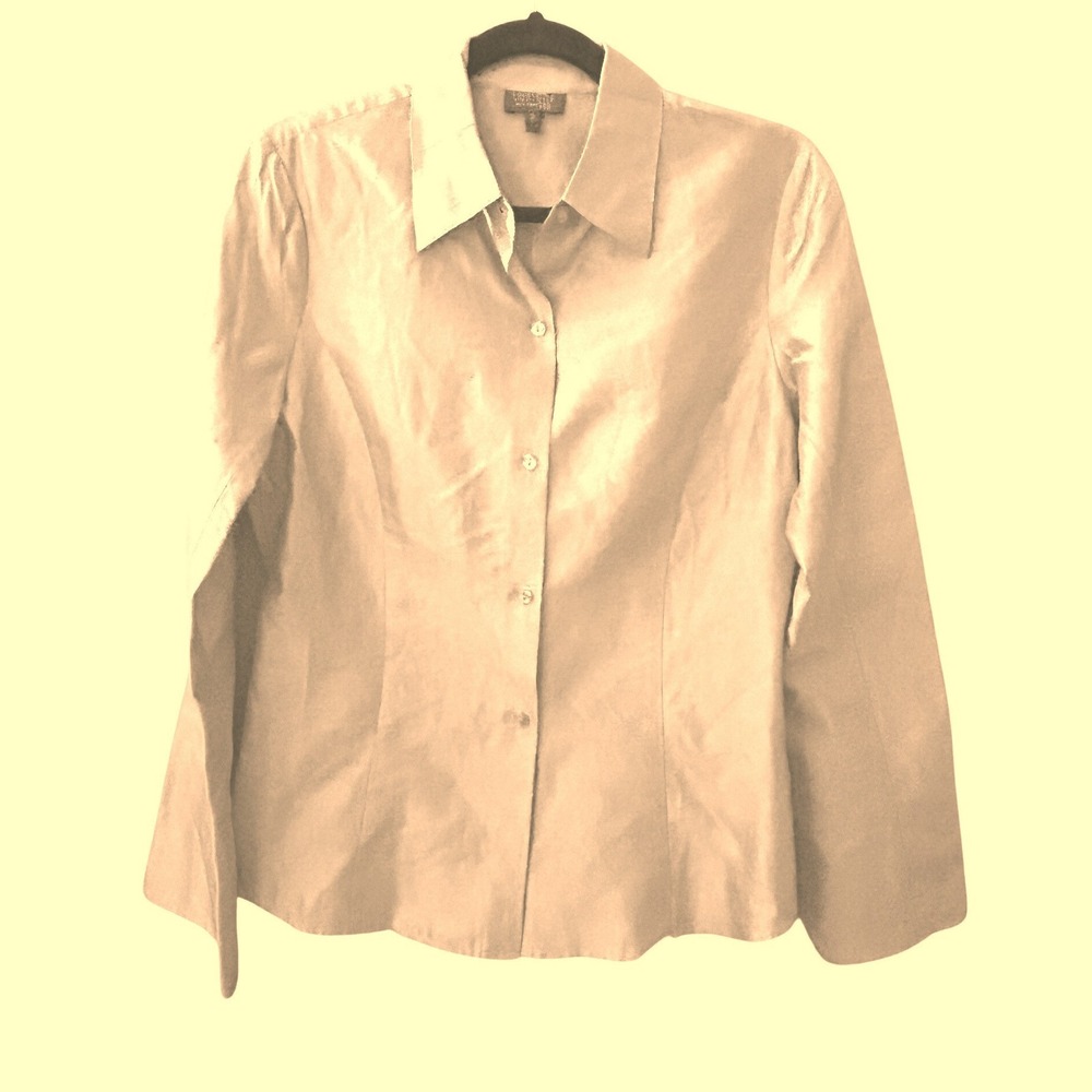 Lafayette 148 New York Gold 100% Raw Silk Button Down Blouse Size 2 Long Sleeve